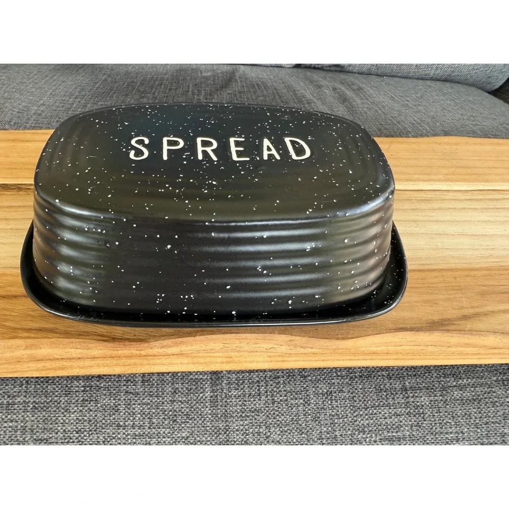 Pottery People Ceramic Butter Dish, Black Speckle, Spread